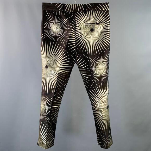 Size 32 Black Gold Jacquard Silk Blend Sunburst Cropped Casual Pants - Picture 2 of 13